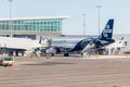 An Air New Zealand airplane is ready to be boarded sitting on the tarmac at Christchurch International Airport Royalty Free Stock Photo