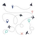 Air path set. Aeroplane line traces with fly trails dots symbols and pathway isolated vector graphic collection