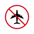 Air Plane Black Silhouette Ban Icon. Warning Airplane Forbidden Pictogram. Aviation Red Stop Circle Symbol. Alert No Royalty Free Stock Photo