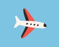 Air plane flying in clear sky. Flight of toy aircraft. Doodle airplane with wings fly. Traveling by aeroplane. Airliner