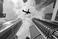 Air plane flying over the high buildings in central business dis Royalty Free Stock Photo