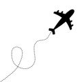 Air plane icon. Black silhouette shape. Airplane flying. Dash line loop in the sky. Travel trace. Love romantic card. Flat design