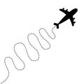 Air plane icon. Black silhouette shape. Airplane flying. Zigzag dash line loop in the sky. Travel trace. Love romantic card. Flat