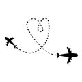 Air plane icon set. Black silhouette shape. Two iirplane flying. Dash line heart loop in the sky. Travel trace. Happy Valentines Royalty Free Stock Photo