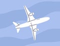 Air plane travels in clear sky. Aircraft, airplane flies. Flight of passenger aeroplane. Avia transport flying, bottom