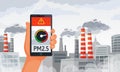Air pollution alert. PM2.5 alerts meter smartphone notification, dirty air and dirty environment vector illustration