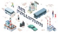 Air pollution concept. Chemical pollutants vehicle polluted air. Isometric people and plants vector illustration
