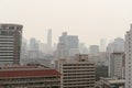 Air pollution effect made low visibility cityscape with haze and fog from dust in the air during sunset in Bangkok, Thailand