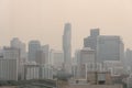 Air pollution effect made low visibility cityscape with haze and fog from dust in the air during sunset in Bangkok, Thailand