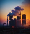 Air pollution in industrial era, large factory smoke stacks in sunset, generative ai Royalty Free Stock Photo