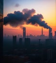 Air pollution in industrial era, large factory smoke stacks in sunset, generative ai