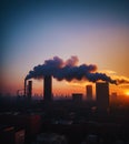 Air pollution in industrial era, large factory smoke stacks in sunset, generative ai