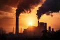 air pollution from industrial processes, with the sun setting in the background