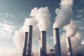 Air pollution from power plant chimneys. Generative AI Royalty Free Stock Photo