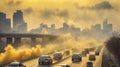 Air pollution scenic with cars on highway and yellow smoke in city