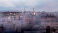 Air pollution from smoke stacks at oil refinery. chemical pipe factory smoke. Royalty Free Stock Photo