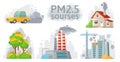 Air pollution source. PM 2.5 dust, dirty environment and polluted air sources infographic vector illustration