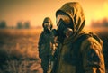 Air pollution, survivor in tatters and gas mask on pipe background on deserted road, nature protection concept