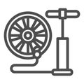 Air pump and bicycle wheel line icon, bicycle concept, Air pump service sign on white background, hand bike pump and