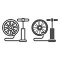 Air pump and bicycle wheel line and solid icon, bicycle concept, Air pump service sign on white background, hand bike