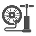 Air pump and bicycle wheel solid icon, bicycle concept, Air pump service sign on white background, hand bike pump and Royalty Free Stock Photo