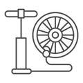 Air pump and bicycle wheel thin line icon, bicycle concept, Air pump service sign on white background, hand bike pump Royalty Free Stock Photo