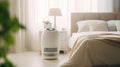 Air purifier in cozy white bedroom for filter and cleaning removing dust PM2.5 HEPA and virus in home. for fresh air and healthy Royalty Free Stock Photo