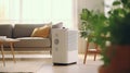 Air purifier in cozy white living room for filter and cleaning removing dust PM2.5 HEPA and virus in home, Air Pollution Concept.