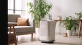 Air purifier in cozy white living room for filter and cleaning removing dust PM2.5 HEPA and virus in home, Air Pollution Concept.