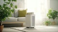 Air purifier in cozy white living room for filter and cleaning removing dust PM2.5 HEPA and virus in home, Air Pollution Concept.