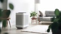 Air purifier in cozy white living room for filter and cleaning removing dust PM2.5 HEPA and virus in home, Air Pollution Concept.