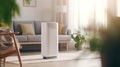 Air purifier in cozy white living room for filter and cleaning removing dust PM2.5 HEPA and virus in home, Air Pollution Concept.