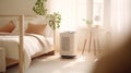 Air purifier in cozy white living room for filter and cleaning removing dust PM2.5 HEPA and virus in home, Air Pollution Concept.