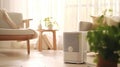 Air purifier in cozy white living room for filter and cleaning removing dust PM2.5 HEPA and virus in home, Air Pollution Concept.