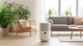 Air purifier in cozy white living room for filter and cleaning removing dust PM2.5 HEPA and virus in home, Air Pollution Concept.