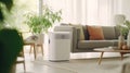 Air purifier in cozy white living room for filter and cleaning removing dust PM2.5 HEPA and virus in home, Air Pollution Concept.