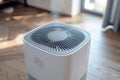 Air purifier health technology in cozy modern living room. Air pollution concept. Generative AI