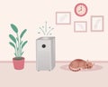 Air purifier home ad. Concept of allergy or covid prevention. Cat on carpet. Vector Illustration for printing