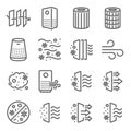 Air purifier icon illustration vector set. Contains such icons as Dust, Oxygen, Anti-bacteria, Air pollution, pm 2.5, Air filter,