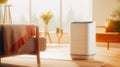 air purifier a living room, air cleaner removing fine dust in house. protect PM 2.5 dust and air pollution concept. Generative AI