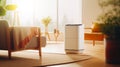 air purifier a living room, air cleaner removing fine dust in house. protect PM 2.5 dust and air pollution concept. Generative AI