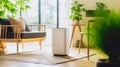 air purifier a living room, air cleaner removing fine dust in house. protect PM 2.5 dust and air pollution concept. Generative AI
