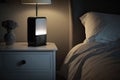 air purifier on nightstand, casting soft light and providing a peaceful sleeping environment