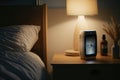 air purifier on nightstand, casting soft light and providing a peaceful sleeping environment