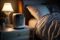 air purifier on nightstand, casting soft light and providing a peaceful sleeping environment