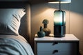 air purifier on nightstand, with lamp and glass of water nearby