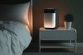 air purifier on nightstand, providing peaceful sleep for its users