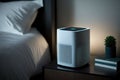 air purifier on nightstand, providing peaceful sleep for its users