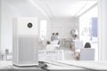 Air purifier in white workplace room with filter for cleaner removing fine dust PM2.5