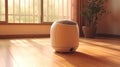 Air purifier on wooden floor in comfortable home. Fresh air and healthy life. Air Pollution Concept. Generative ai